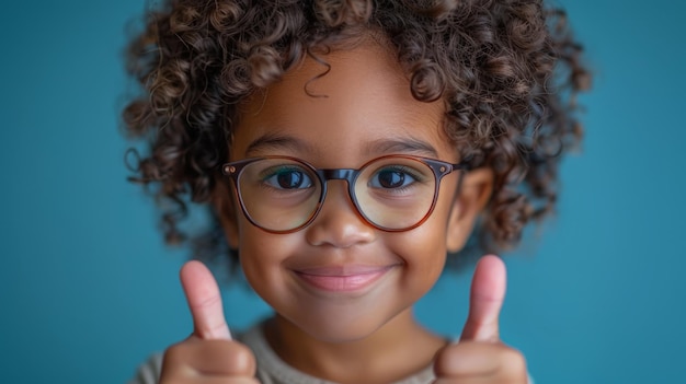 La chica feliz con las gafas levanta el pulgar