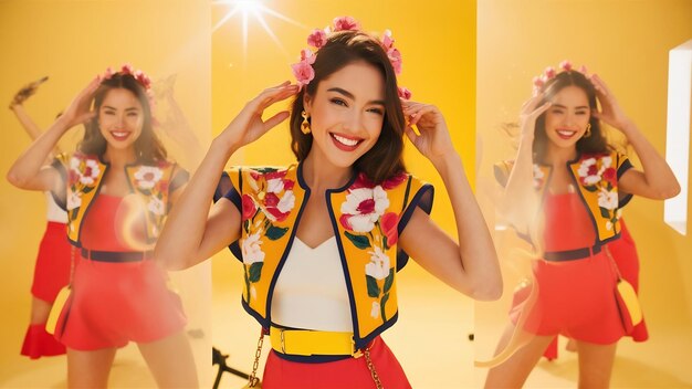 Foto una chica feliz haciendo un autorretrato sobre un fondo amarillo en un estudio con un aspecto de primavera a la moda