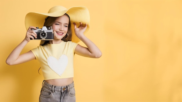 Foto una chica feliz haciendo un autorretrato sobre un fondo amarillo en un estudio con un aspecto de primavera a la moda