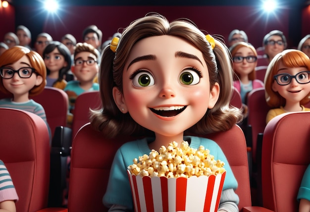 Una chica feliz con palomitas de maíz viendo una película en el cine. IA generativa.