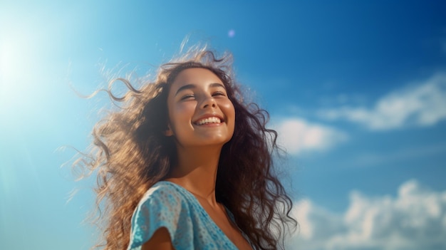 Foto chica feliz de pie en el fondo azul del cielo