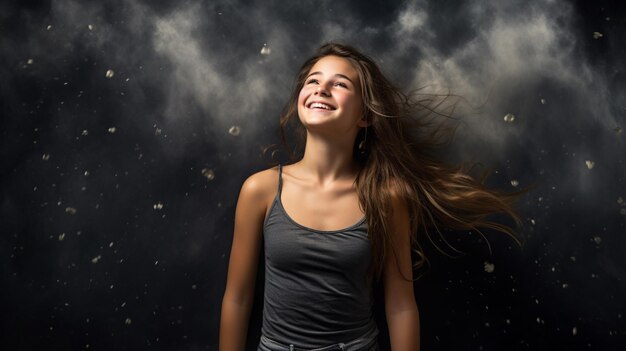 Foto chica feliz de pie en el fondo de carbón