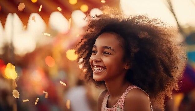 Chica feliz de piel oscura sonriendo ampliamente en el carnaval del concepto de parque de atracciones