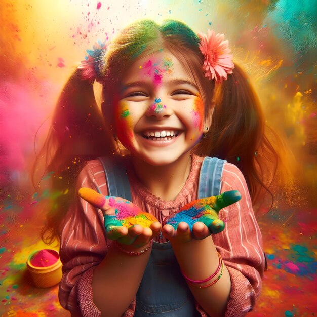 La chica feliz en el polvo de pintura el concepto indio de Holi feliz