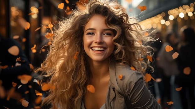 Chica feliz rodeada de confeti cayendo cara radiante con una sonrisa genuina y celebración