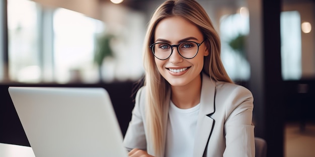 Chica feliz sentada en la oficina en la mesa