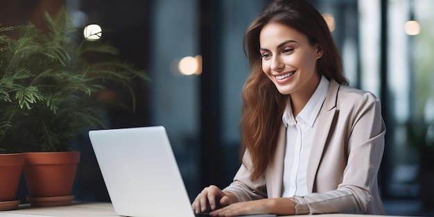 Chica feliz sentada en la oficina en la mesa