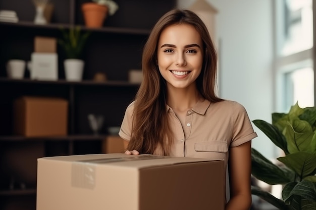 Chica feliz y sonriente llevando una caja de cartón con pertenencias Mujer joven que se muda a un dormitorio nuevo apartamento