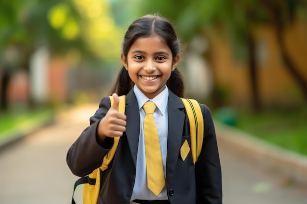 Una chica feliz y sonriente con el pulgar en alto va a la escuela.