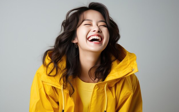 una chica feliz y sonriente con ropa brillante en un fondo de luz sólida