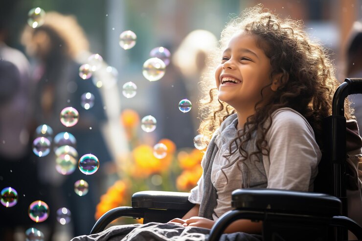 Una chica feliz y sonriente sentada en una silla de ruedas Generative Ai