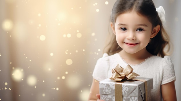 Una chica feliz y sonriente sosteniendo una caja de regalos en un fondo de colores