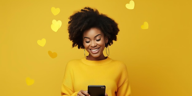 Chica feliz sosteniendo un teléfono inteligente con corazones de pie sobre un fondo amarillo