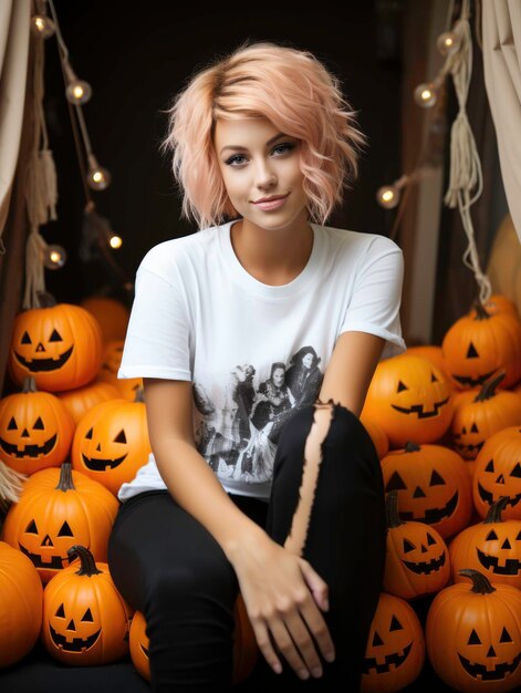 Chica feliz con traje blanco calabazas de Halloween generadas por IA