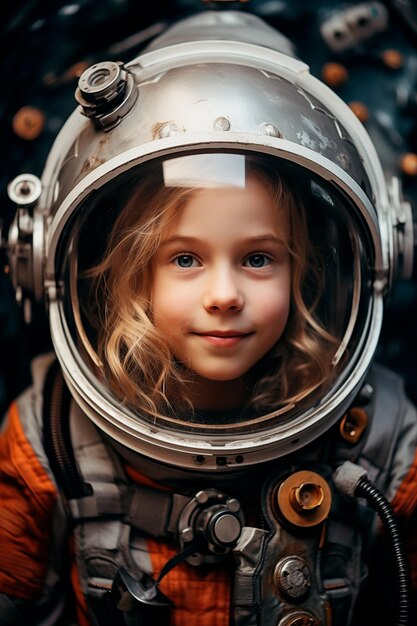 Chica feliz con vestido naranja de astronauta y casco