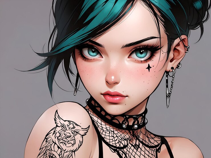 Una chica femenina con grandes ojos turquesa con un tatuaje en el brazo