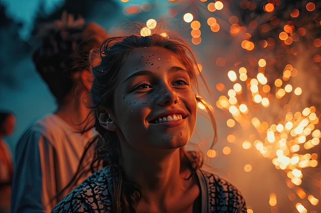 Una chica en una fiesta con fuegos artificiales en el fondo