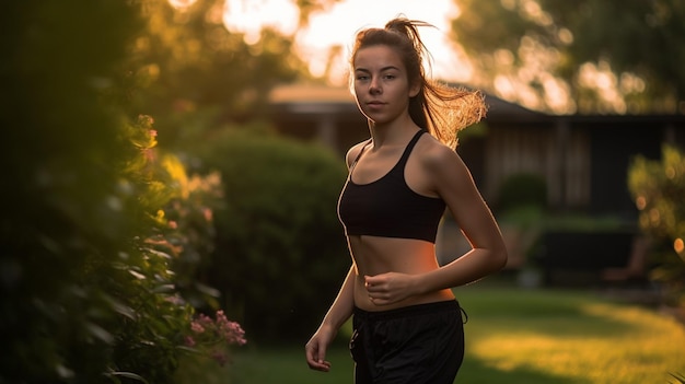 Una chica fitness feliz de 20 años corriendo en el jardín con IA generativa