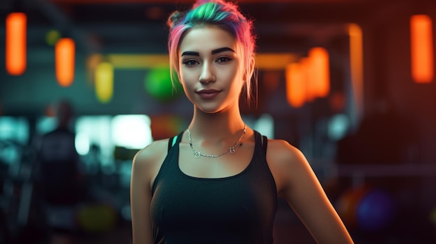 Chica fitness feliz de 20 años haciendo ejercicio en un gimnasio con IA generativa
