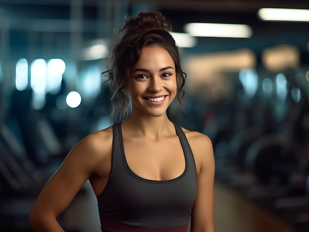 Chica fitness con una hermosa sonrisa posando en el gimnasio Sport life Ai Generative