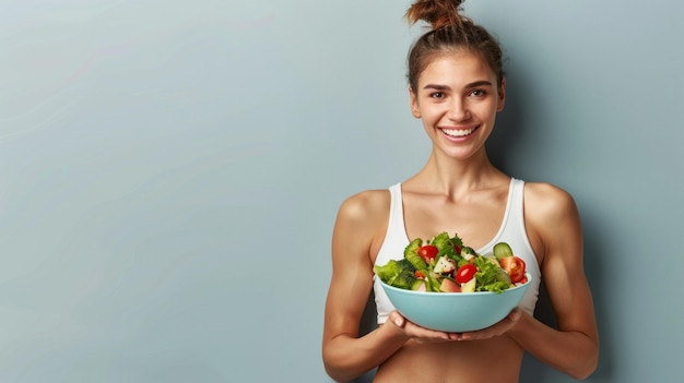 chica de fitness con un plato de ensalada de verduras en un fondo mínimo