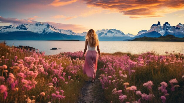 Chica entre flores en las praderas de la Patagonia.