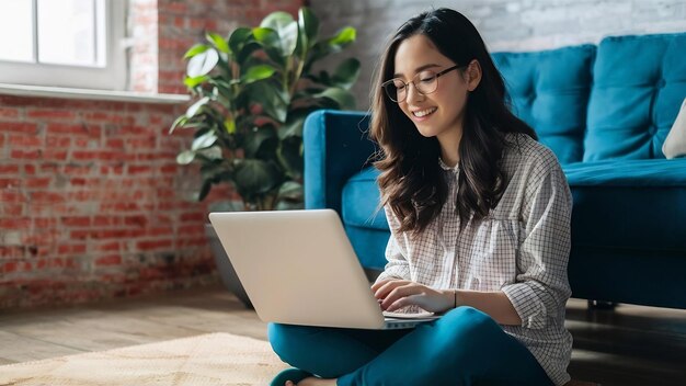 Una chica freelance linda usando una computadora portátil sentada en el suelo y sonriendo