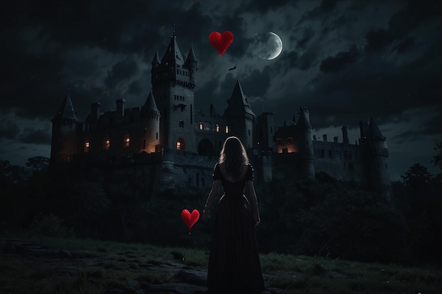 una chica frente a un castillo con un corazón rojo en el fondo