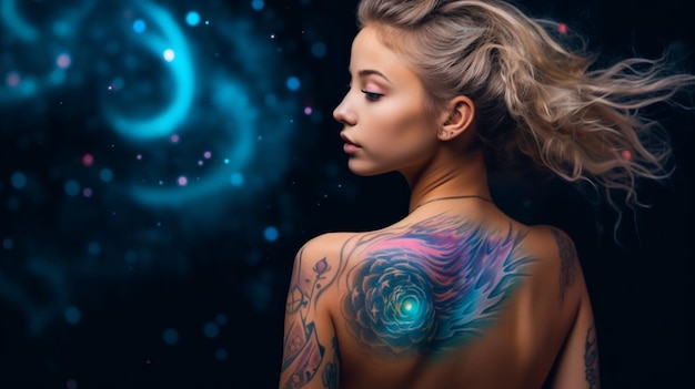 una chica frente a un tatuaje de color aguamarina de galaxiaAI generativa