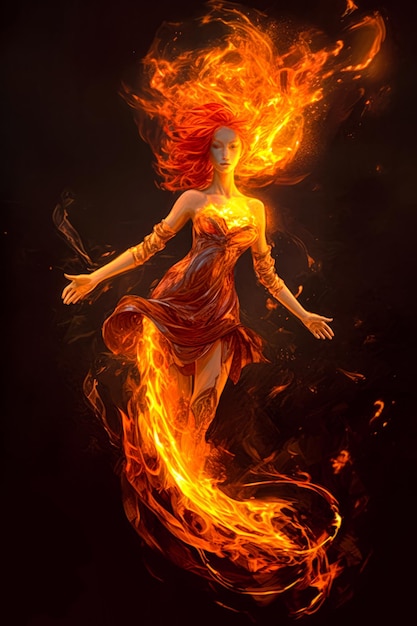 Chica de fuego con cuerpo de llama ardiente y cabello de fuego