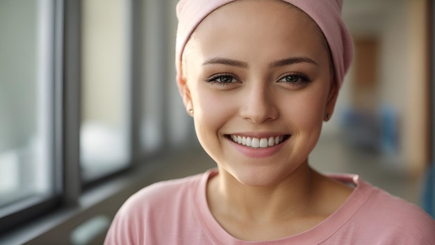 Chica fuerte sonriente luchando contra el cáncer con un pañuelo rosa en la cabeza