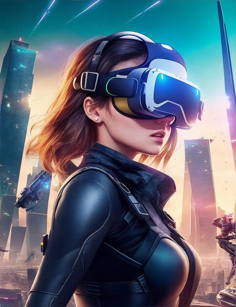 chica futurista con auriculares VR sobre fondo de paisaje urbano tema de realidad virtual futurista