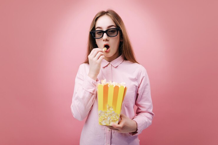Chica con gafas 3d comiendo palomitas de maíz mientras ve una película