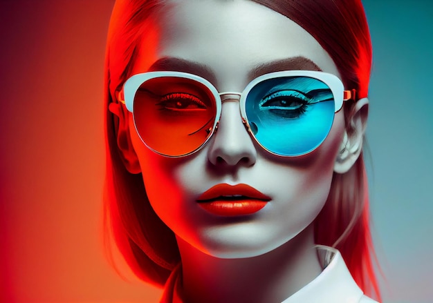 Chica en gafas 3d con lentes azules y rojas.