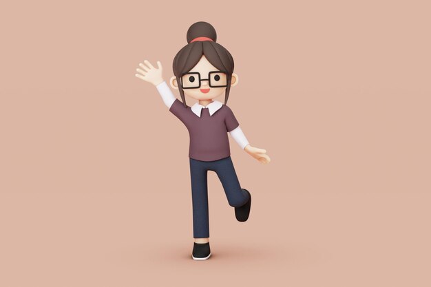 chica con gafas agitando la mano 3d render, 3d ilustración