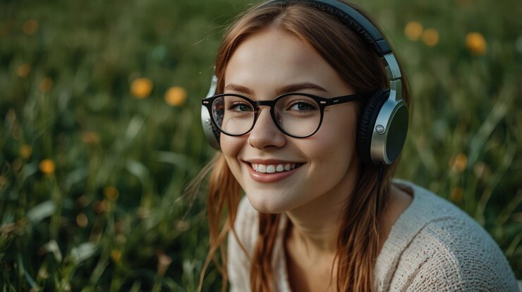 una chica con gafas y auriculares está sentada en un campo de flores