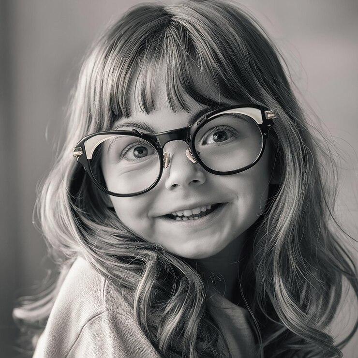 una chica con gafas y una camisa con un par de gafas