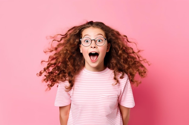 Una chica con gafas y una camisa rosa con la palabra amor.