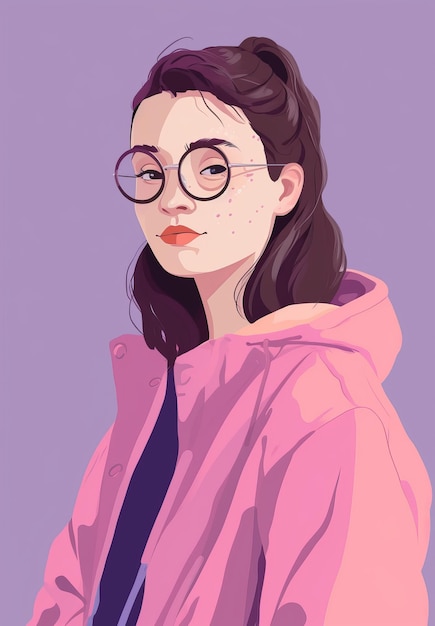 Una chica con gafas y una chaqueta rosa.