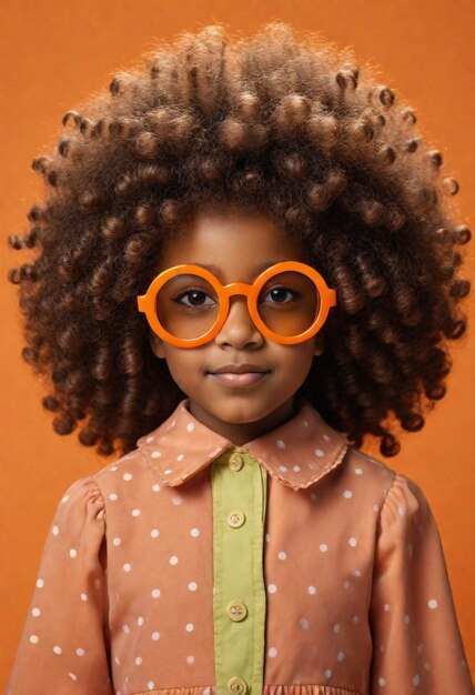 una chica con gafas de color naranja con puntos blancos y una camisa de puntos polca