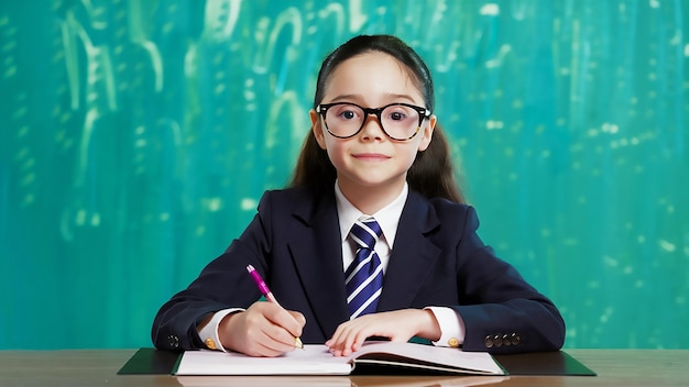 una chica con gafas y corbata se sienta frente a un cuaderno con un bolígrafo en la mano