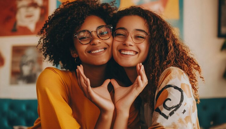 una chica con gafas está sonriendo y sosteniendo una letra negra l en su pecho