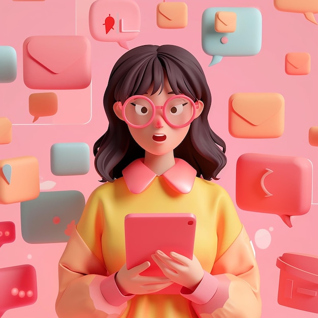 una chica con gafas está sosteniendo una tableta con un teléfono rosa en el fondo