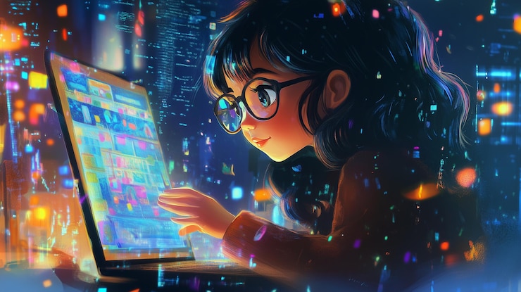 Foto una chica con gafas mirando una pantalla de portátil