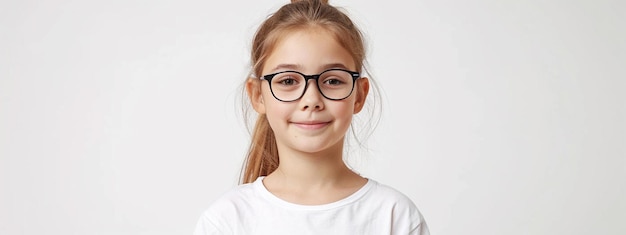 una chica con gafas en un primer plano de fondo blanco