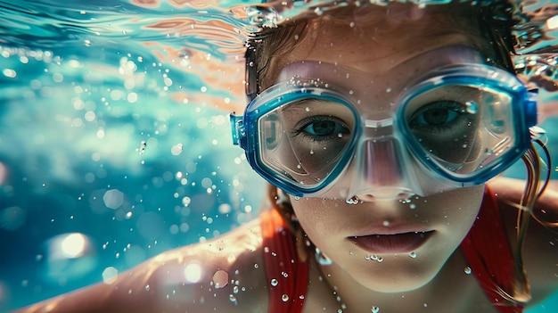 Foto una chica con gafas que dice que el snorkel está nadando en el agua