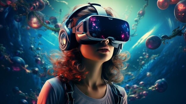 Una chica con gafas de realidad virtual y una cámara digital frente a un arrecife de coral.