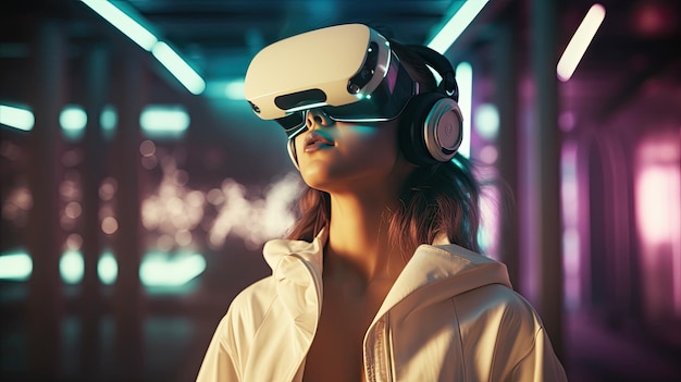 Chica con gafas de realidad virtual en un fantástico mundo virtual de metaverso IA generativa