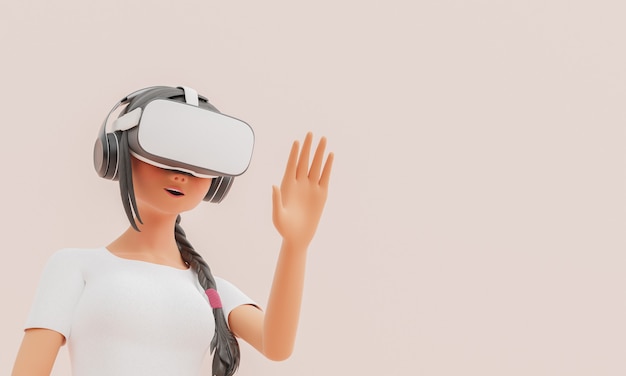 Chica con gafas de realidad virtual y mano levantada estilizada personaje 3d