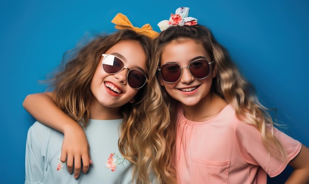 una chica con gafas de sol y una chica con un vestido rosa y un fondo azul